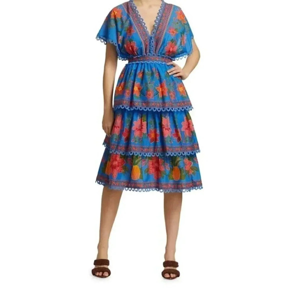 NWT Farm Rio Tropical Tapestry Blue Lace Layered Midi Summer Dress Size XS - Picture 5 of 11